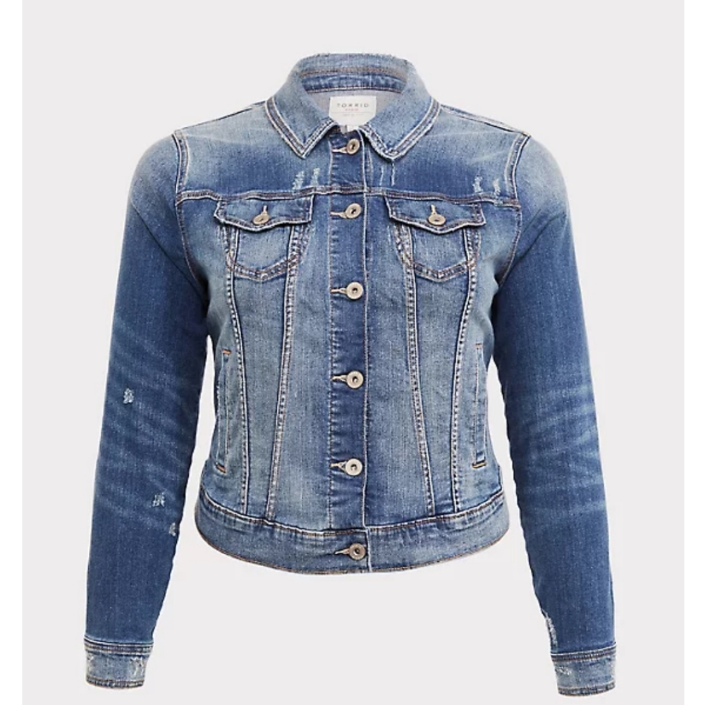 Torrid Medium Wash Distressed Denim Trucker Jacket